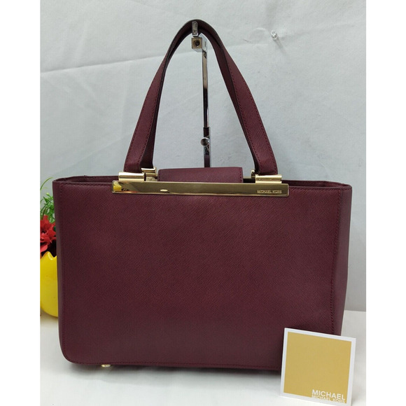 Michael Kors Burgundy Crossgrain Leather Double Hanlde Satchel Tote Bag - Picture 1 of 16